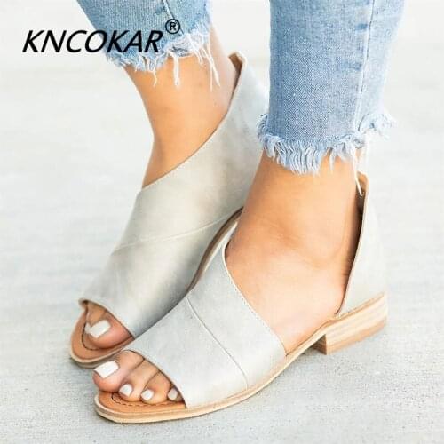 KNCOKAR Spring And Summer New Flat Plain Color Female Sandals Fashion Large Size Comfortable Hollow Womens Shoes 35-43
