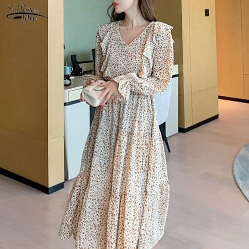2021 V Neck Chiffon Dress New Korean Flower Dress Vintage Plus Size Long Dresses A Line Printing Party Dress Vestidos 13197