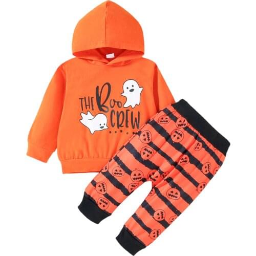 2Pcs Baby Halloween Tracksuit, Ghost Print Hooded Long Sleeve Sweatshirt + Stripe Pants for Toddler Boys, Girls, 0-24 Months