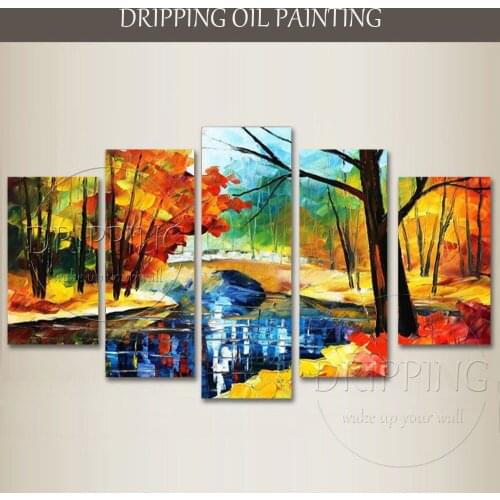 Top Artist Hand-painted High Quality 5 Piece Palette Knife Scenery Oil Painting on Canvas Colorful Landscape Bridge Oil Painting