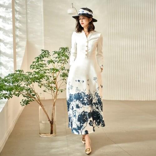 Spring Vintage Long Dress Chinese Style Printed V Neck Dress Women Long Sleeve Party Evening Clothing Ankle-Length Ball Gown