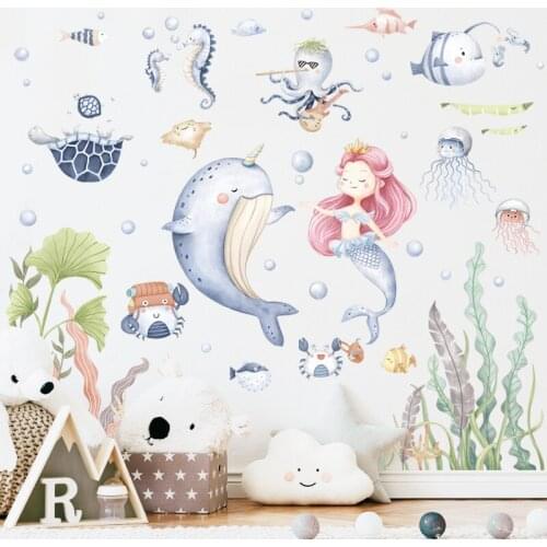 Cartoon Mermaid Wall Stickers Girl Kids Room Decor Aesthetic Vinyl Wallstickers Art Bedroom Bathroom Nursery Wall Decoration DIY