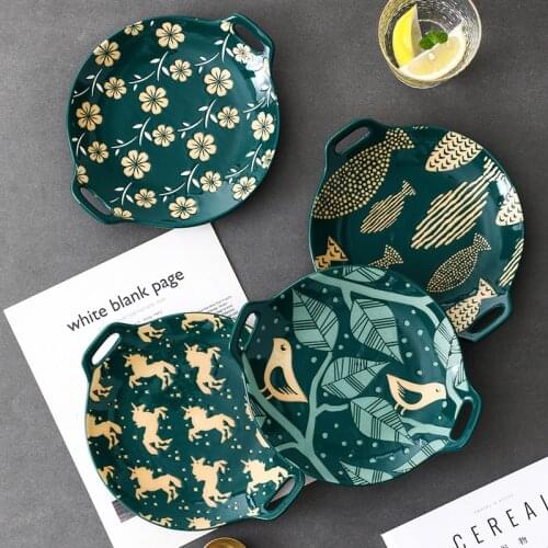 Japanese double ear plate peacock dark green ceramic underglaze color dish snack dish European simple household double ear dish