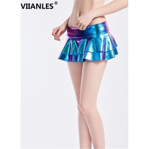 VIIANLES Women PU Skirt Sexy Short Mini Pleated Skirt New Short Pleated Party Faux Leather Skirts Elastic Waist Plus Size Dance