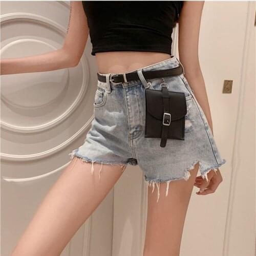 2020 Summer Womens Denim Shorts High Waist Light Blue Pockets Buttons Hole Printing Vintage Button Denim Shorts give Belt bag