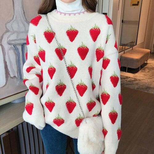 Korea Style Womens Jumper Autumn Winter Long Sleeve o Neck Fruit Ladies Casual Pullover Loose Thick Sweaters for Female