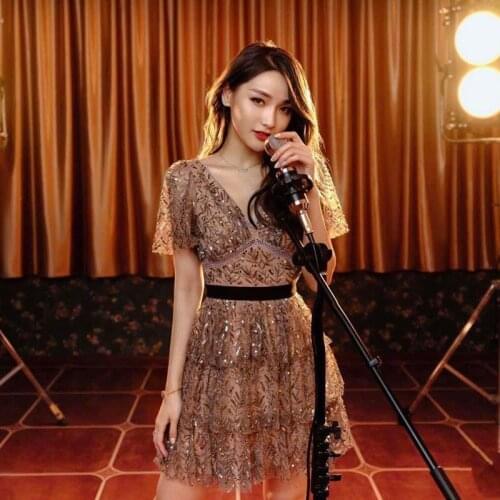 Janeyiren fashion summer dress Womens V-neck vintage Mesh sequin embroidery Elegant party Cascading Ruffle Short/long dress