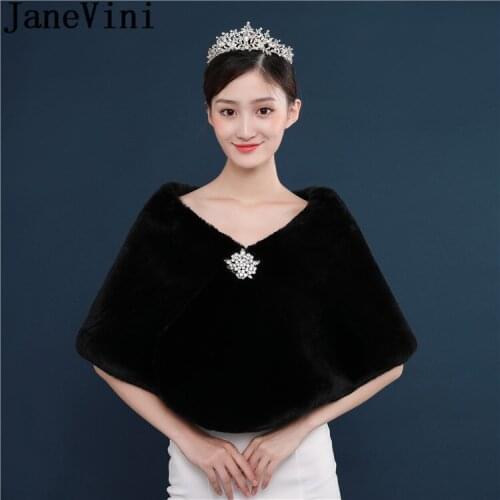 JaneVini Winter Black Women Bolero for Evening Party Wedding Beaded Pin Faux Fur Bridal Capes Wrap Shawl Etole Fourrure 2019