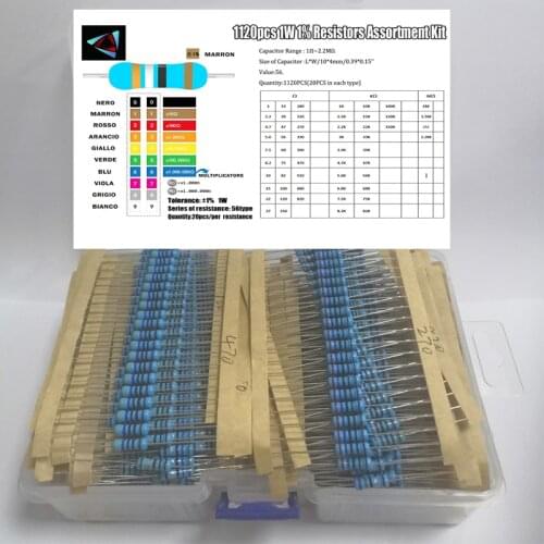 1120Pcs 1W 1% 56Values 1 - 2.2M Ohm Metal Film Resistance Assorted Kit Set