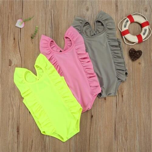 2021 Summer Kids Swimsuit Solid Color Ruffle Bikini 1-6Y Baby Girls Swimwear Children Beachwear Toddler Bathing Suits