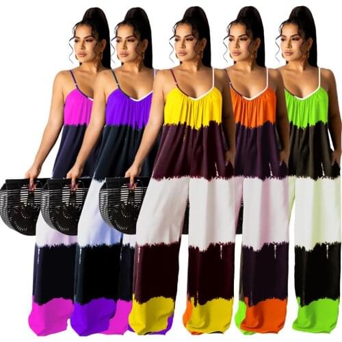 2021 Summer Womens Casual Camisole Romper with Pockets Contrast Color Patchwork Thin Spaghetti Strap Loose Jumpsuits Long Pants