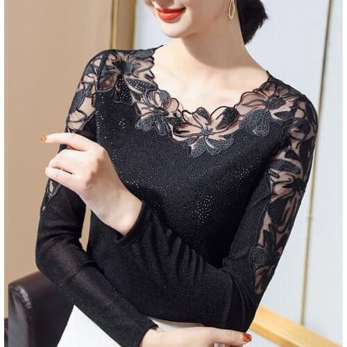 2021 Autumn Fashion Women Bottoming Shirts Long Sleeve Stylish Lace Floral Patchwork Slim T ShirtSolid Sexy Hollow Out Camiseta
