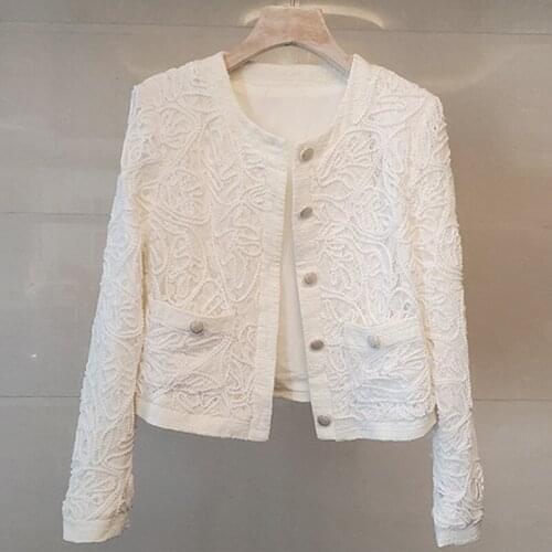 2021 spring and summer new womens French small fragrant tweed white top stitching lace cardigan short jacket