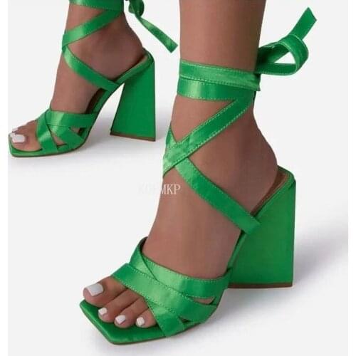 2022 Summer Women Pumps Lace Up Square Toe Ladies Heel Mules Sexy Square High Heels Sandals Female Kopmkp Fashion Woman Shoes