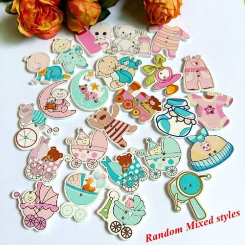 40pcs Mix Children Series Shape buttons 2 Holes Wood Decorative Buttons Cartoons Style Painting Sewing Scrapbooking Accessories