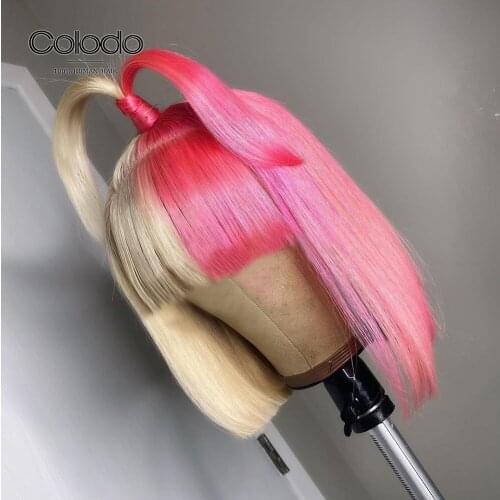 613 Blonde Brazilian Remy Short Bob Human Hair Wig Half Pink Lace Front Wig 13x4 Pre Plucked Highlight Lace Wigs With Bangs