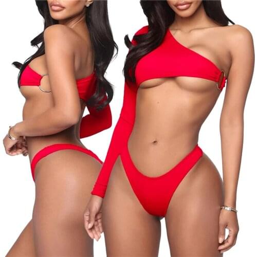 Womens Sexy Solid Color Bikini One Shoulder Long Sleeve Tops Briefs Swimsuit Classic Hollow Two-pieces Set Sexy and Playful