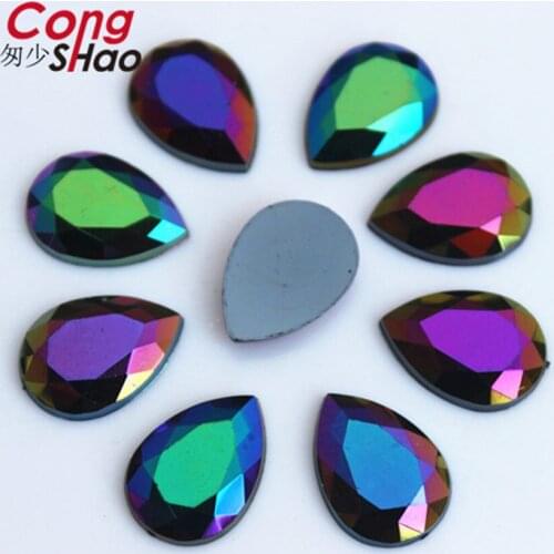 Cong Shao 50pcs 13*18/18*25mm AB Black Acrylic Drop Rhinestone Trim Stones And Crystals Flatback DIY Wedding Dress Button CS458