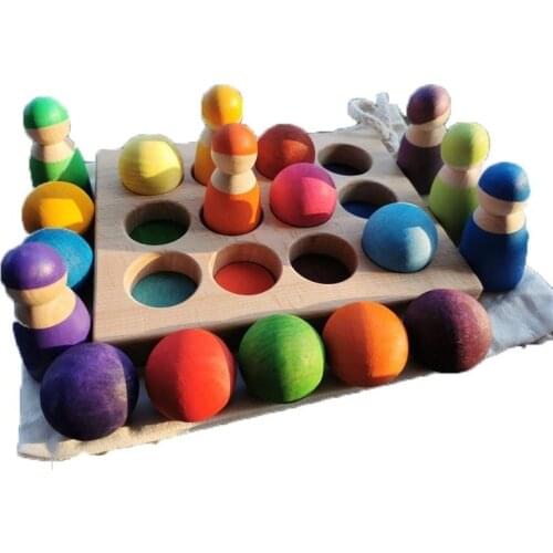 Kids Wooden Toys Color Sorting Wood Balls Rainbow & Pastel Sphere with Tray Unpaint Cup Montessori Peg Dolls and Rings