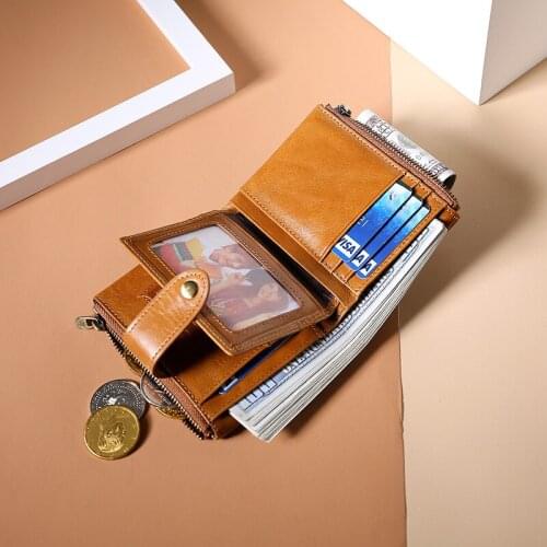 Oil Wax Genuine Leather purse men Double Zipper Small purse Multi slots Business card holder anti-theft Mens leather wallet