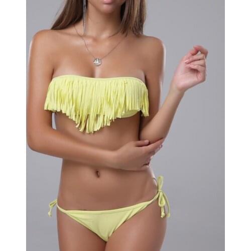 Hot Sexy Women Swimsuit Solid Beach Bathing Suit Lady Two-Piece Bandage Bikini Swimwear Tube Top Fringed Thong Beachwear Biquini