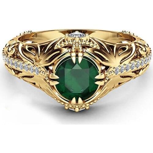 Fashion Hollow Gold Color Plated Carved Metal Green Zircon Ring For Women Fashion Luxury Engagement Ring Pop Jewelry Gift