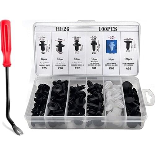 NEW-100Pc Plastic Rivets Fastener Fender Bumper Push Clips W / Removal Tool for Honda Ford Chrysler Toyota