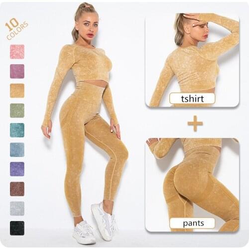 2021 New Tie Dye Yoga Set Long Sleeve Crop Top T Shirt Scrunch Squat Proof Training Leggings Aesthetic Pants Gym Women Sport Set