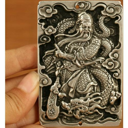 Old tibet silver handcarved guan gong dragon statue pendant necklace