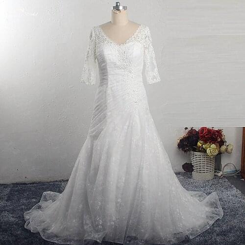 RSW1607 Real Pictures V Neckline Half Sleeves Lace Up Dropped Waist Beaded Lace Appliques Organza A Line Wedding Dress