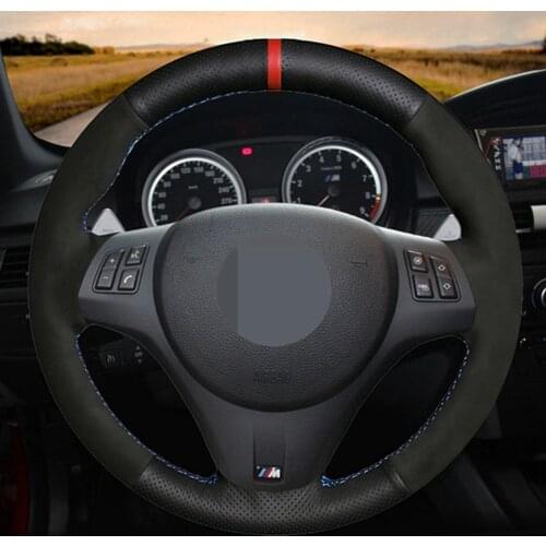 Hand-stitched Soft Black Genuine Leather Black Suede Car Steering Wheel Cover For BMW M Sport M3 E90 E91 E92 E93 E87 E81 E82 E88