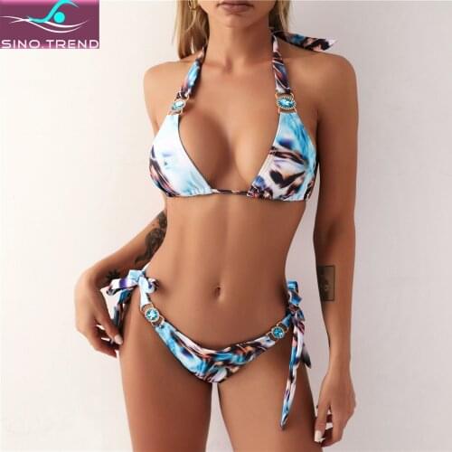 Sexy Bling Diamond Print Halter Bikini Set Female Tie Side Swimsuit Women Swimwear Two-pieces Bather Bathing Suit Swim Lady
