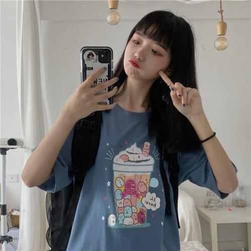 Womens T-shirts Tops Japanese Kawaii Ladies Ulzzang Cute Ice Cream Print T-shirt Female Korean Harajuku Clothes For Women