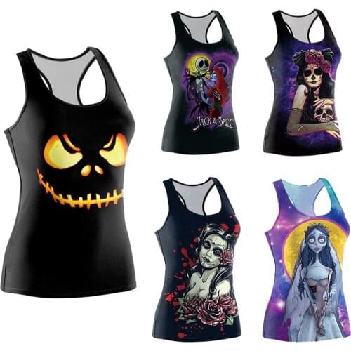Women Halloween 3D Scary Skull Vampire Bride T-Shirt Costume Horror Ghost Print Slim Tank Top Cosplay Dead Sugar Carnival Purim