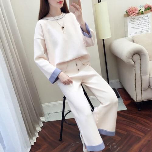 2021 Winter Tracksuits Women Casual Sweater Long Sleeve Jumpers & Elastic Waist Wide Leg Pants Female Knitted 2 Pieces Set X576