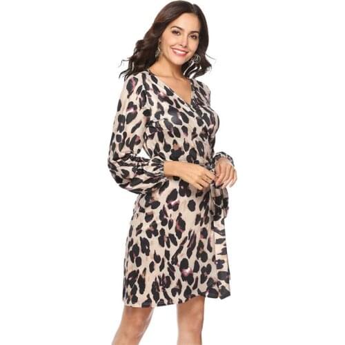 Vogue Sexy Women Leopard Boho Autumn Summer Long Sleeves Tie up V Neck Bodycon Club Party Casual Evening Mini Dress