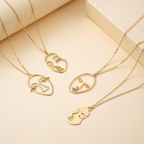 VG 6YM Punk Human Face Pendent necklace For Women Retro Abstract Hollow Out Statement Golden Face Necklace Fashion Female