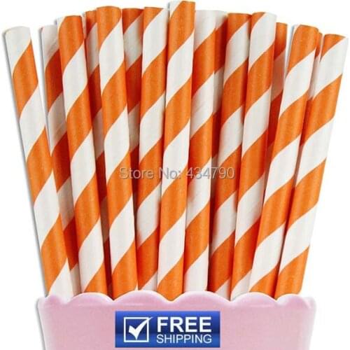 200pcs Orange Striped Paper Straws Cheap,Halloween Party Retro Soda Tangerine Kids, Party Decorations Made in USA