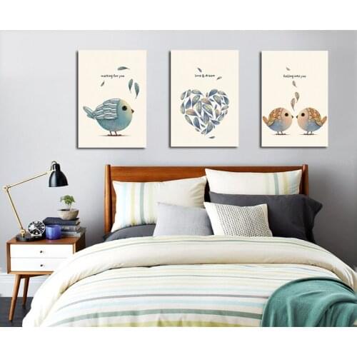3 Piece Canvas Wall Art Nordic Cartoon Birds Posters Prints Spray Painting Pictures Couple Room Decor No Frame