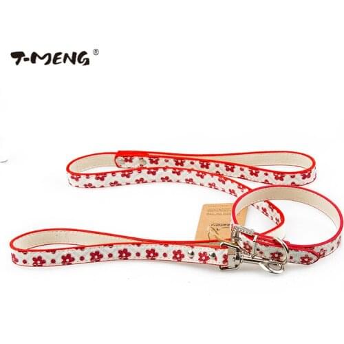 T-MENG Dog Collar Leash Set Bling Rhinestorn Flower For Puppy Small Dogs Pu Leather Flash Powder Cat Necklace Pet Accessories