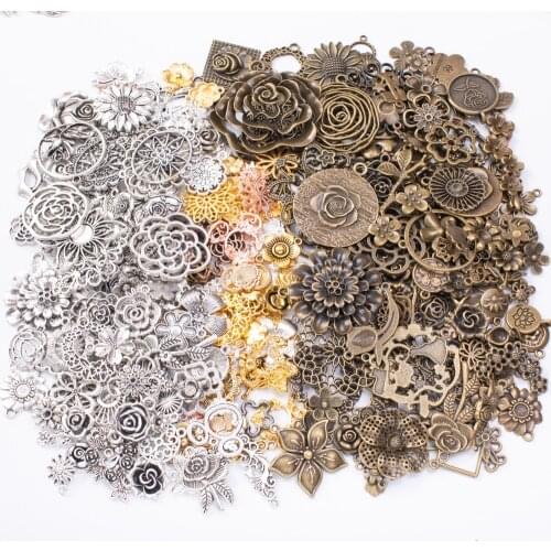 50g hot sale metal plant flower mixed charm pendant antique bronze bracelet necklace handmade jewelry making wholesale DIY acces