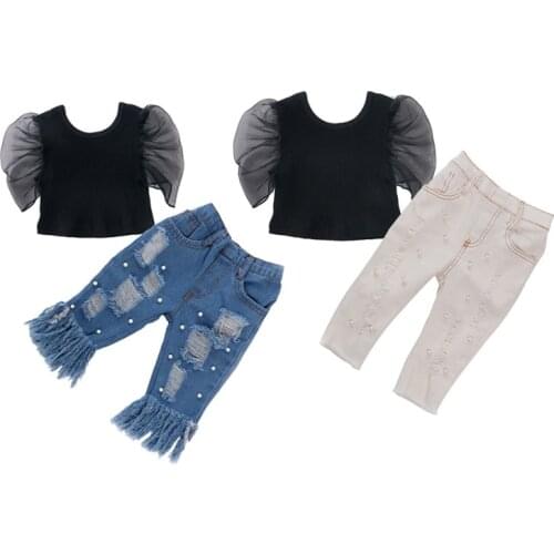 Citgeett Summer 1-5Years Kid Baby Girl Clothes Puff sleeves Lace Top Denim Ripped Pants Outfit Set