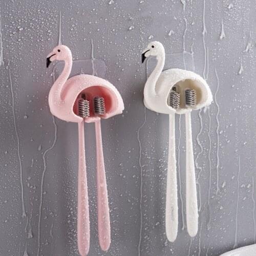 Toothbrush Holder Sucker Flamingo Shaped Bathroom Accessories 2 Position 1Pcs Cute Wall Mount Toothbrush Rack Organizer