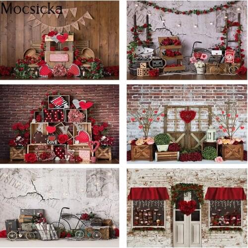 Photography backdrop Valentines Day Kids Portrait Rustic Wood Red Rose Flowers Background for Photographic Studio Photocall