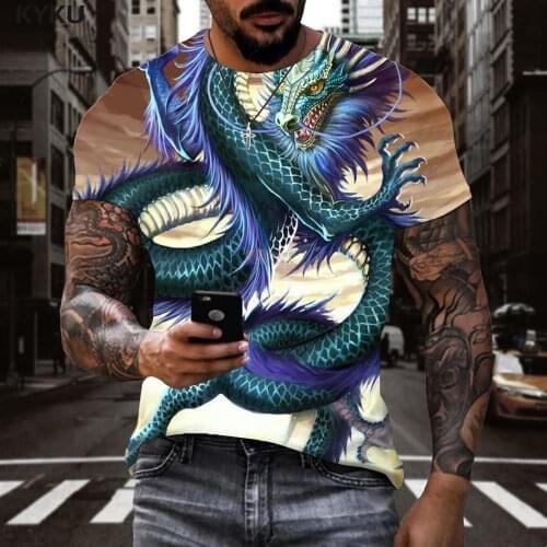KYKU Brand Long T shirt Men Animal Tshirt Printed Waves Shirt Print Harajuku T-shirts 3d Short Sleeve Punk Rock Printed