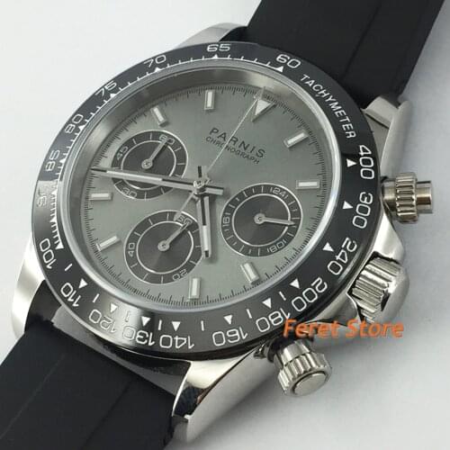 PARNIS 39mm luminous Quartz mens watch Rubber strap Full Chronograph gray dial sapphire glass black bezel stop watch men
