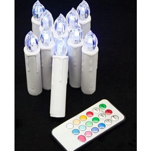 Set of 10 Battery operated Flameless LED taper Candle tea Light w/18keys remote control& Mount clip Wedding Xmas Tree Party-RGB