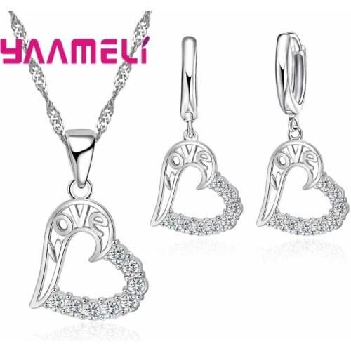 Real 925 Sterling Silver Romantic Wedding Engagement Heart Pendant Necklace Drop Earrings High Quality Women Accessory