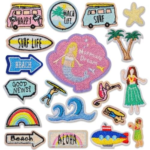 New Ocean Sea Wave Rainbow Princess Car Patches Iron on Kids Embroidered Decorative Sewing Applique for Clothes Bag DIY