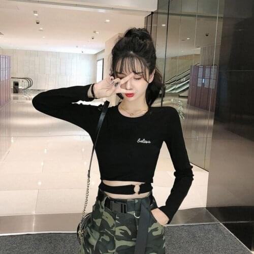 Sexy Crop Tops Trendy Round Neck Long Sleeves Tshirt Fashion Slim Bottoming T Shirt White Black